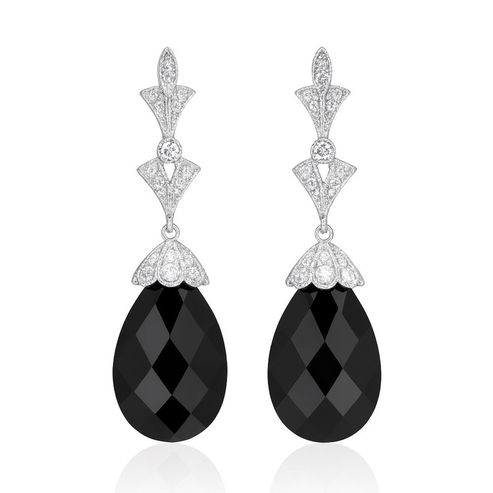 ⚜️ Black Crystal Silver Drop Earrings Statement